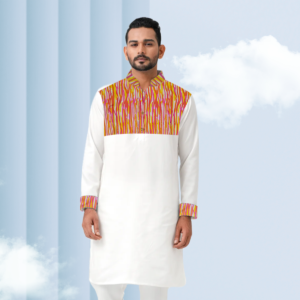 Father & Son Matching Panjabi Set in white with colorful printed yoke traditional ethnic outfit