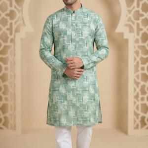 Men wearing green Men’s Premium Cotton Punjabi – Stylish & Comfortable Ethnic Wear with modern geometric pattern