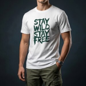 Premium stylish cotton t-shirt for men with stay wild stay free print, soft breathable white cotton tee for daily wear